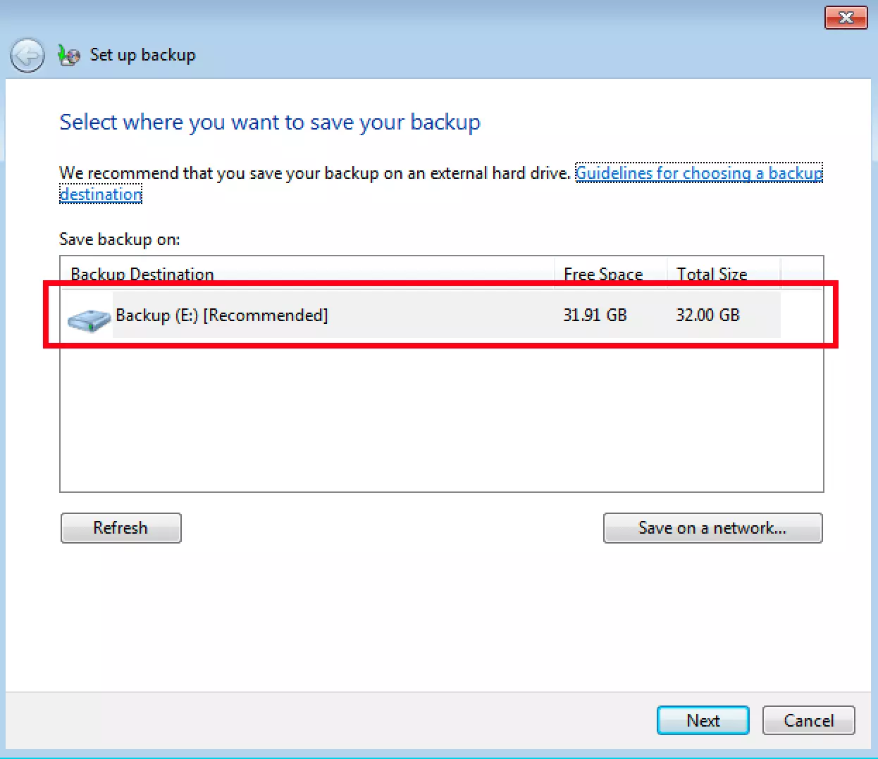 Image: Sélection de l’emplacement d’enregistrement du backup Windows 7