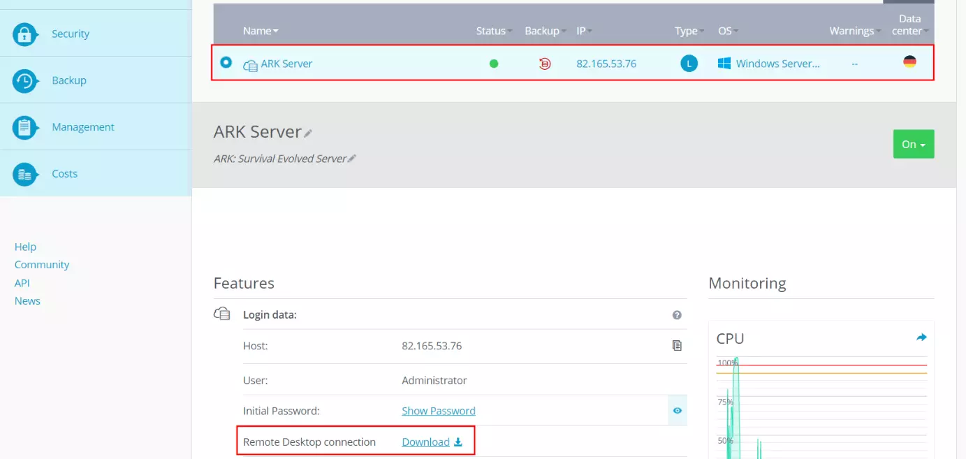 Image: Cloud Panel d’IONOS : informations sur le serveur et identifiants