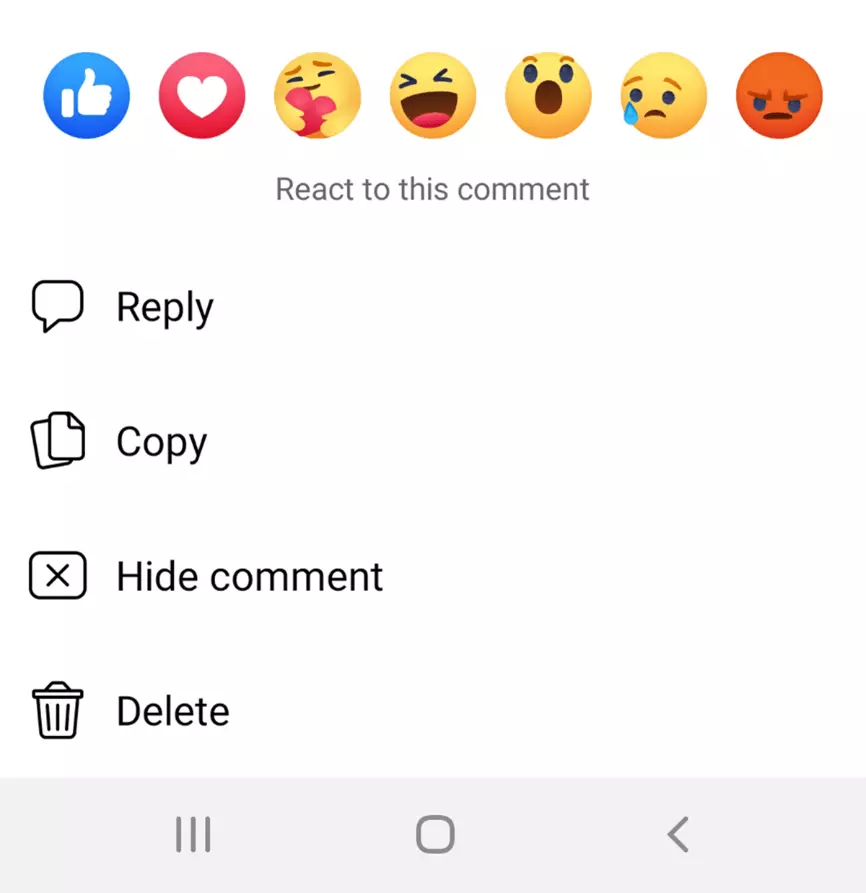 Image: Application Facebook : menu contextuel des commentaires