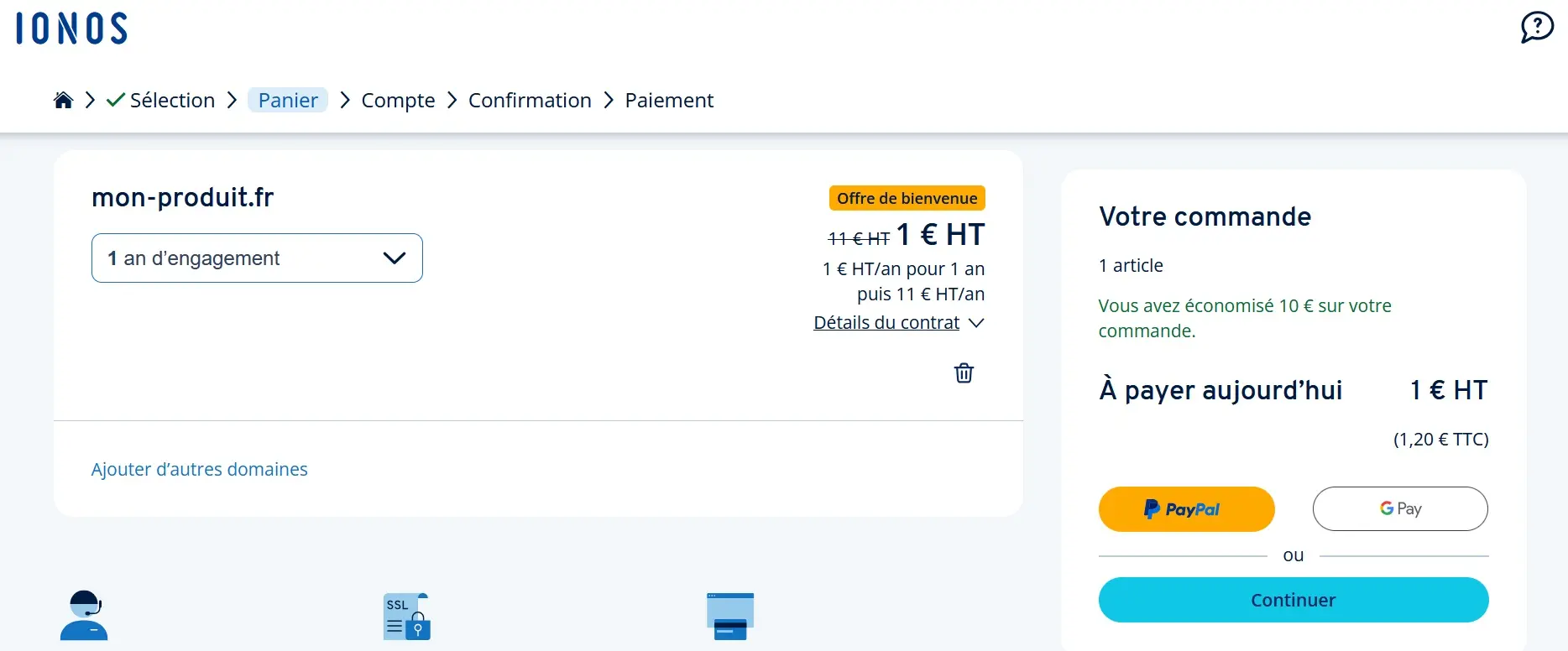 Image: Capture d’écran du panier d’achat chez IONOS