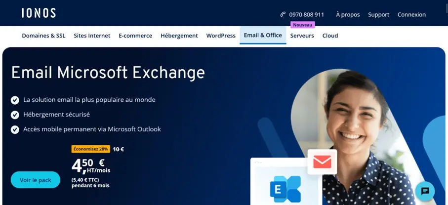Capture d’écran du site de Hosted Microsoft Exchange par IONOS Image: Capture d’écran du site de Hosted Microsoft Exchange par IONOS
