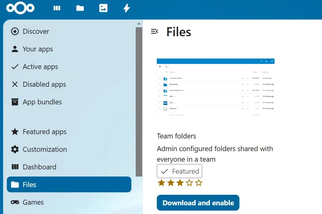 L’application « Team folders » dans l’App Store Nextcloud Image: L’application « Team folders » dans l’App Store Nextcloud