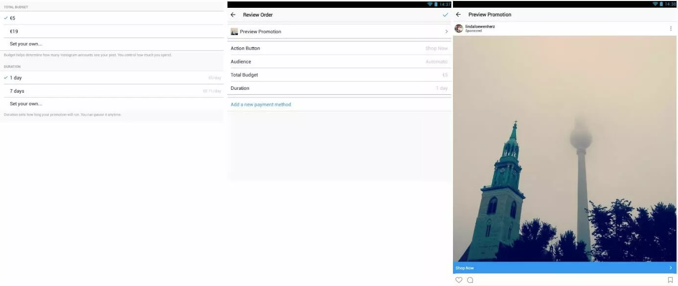 Menu de réglage du budget et de la durée dans le gestionnaire de publicité Instagram