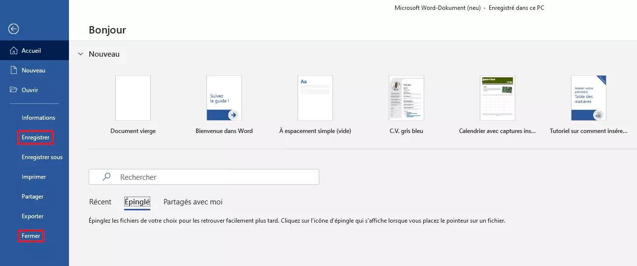 Image: Enregistrer et fermer le fichier Word