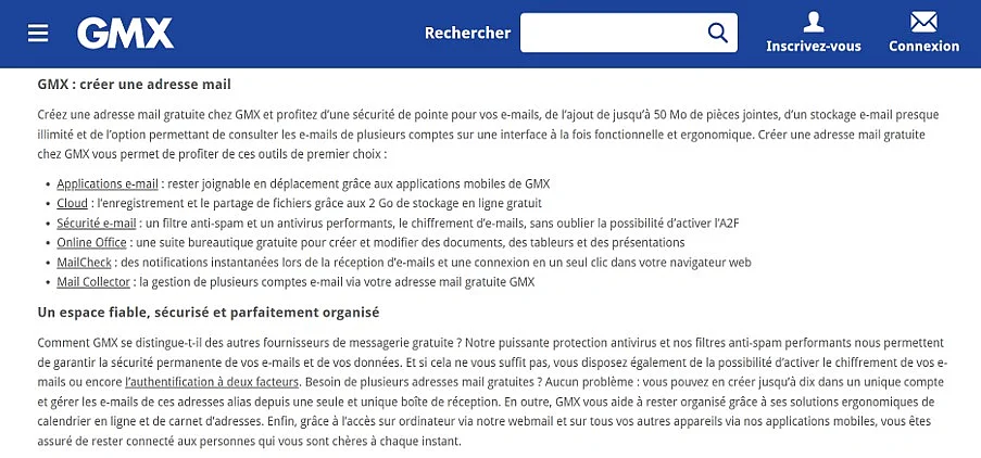 Site Web du fournisseur d’emails GMX Image: Site Web du fournisseur d’emails GMX