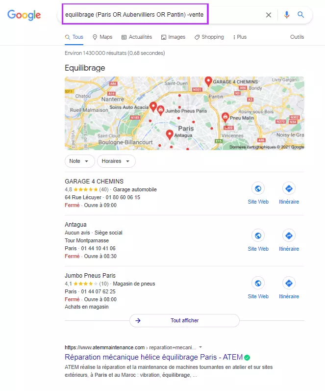 Image: Une recherche Google qui utilise des opérateurs booléens groupés
