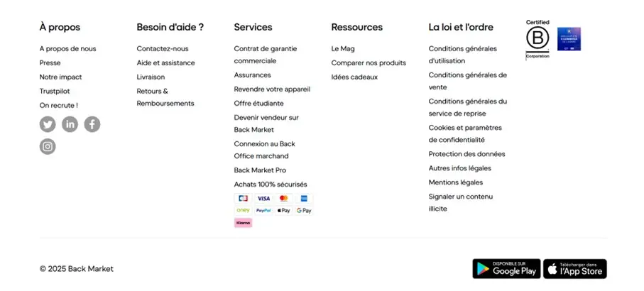 Image: Capture d’écran du pied de page de Backmarket