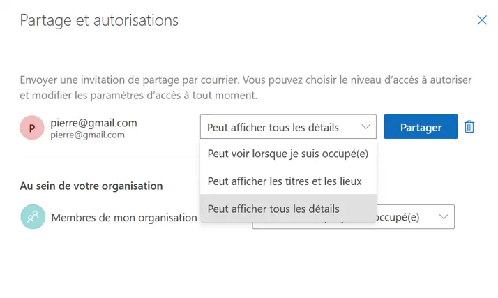 Image: Outlook sur le Web : paramètres d’autorisation pour le partage d’un calendrier