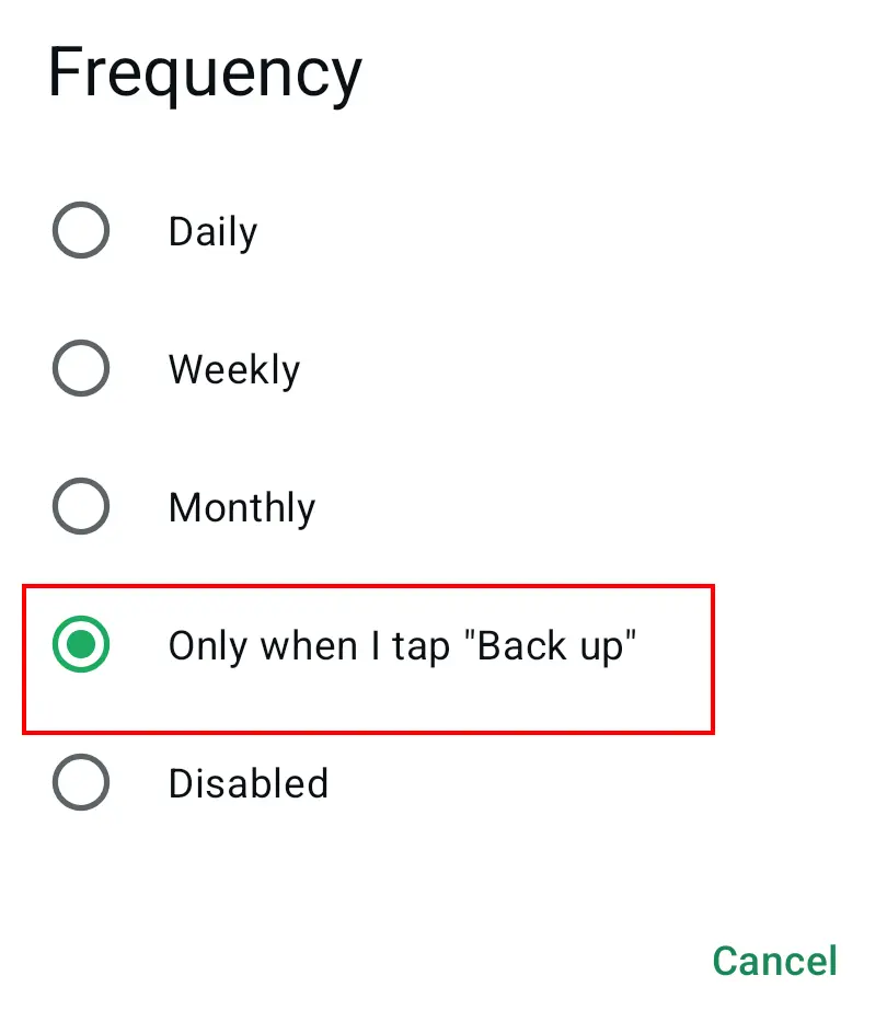 Image: Menu de sauvegarde des chats WhatsApp sur Google Drive