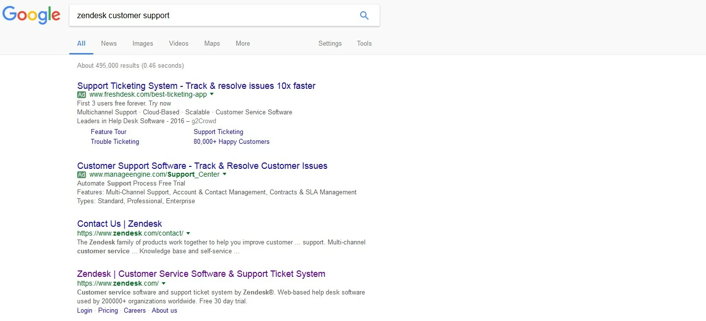 résultats de recherche Google pour « zendesk customer support »