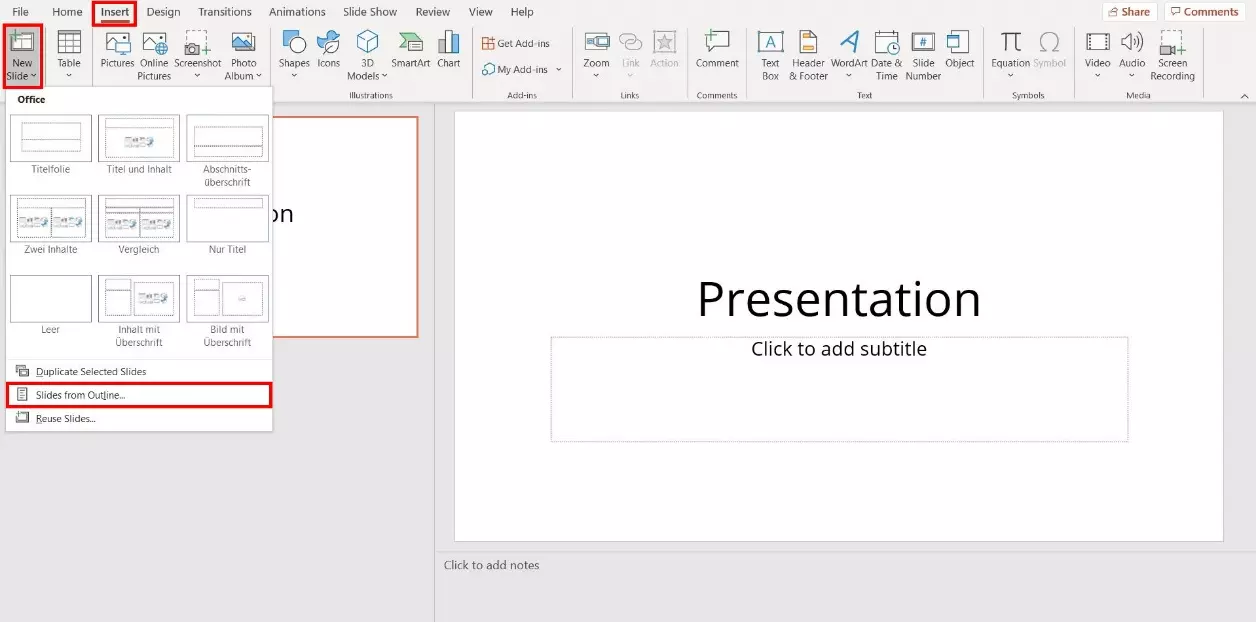 Image: PowerPoint : le menu déroulant « Nouvelle Diapositive »