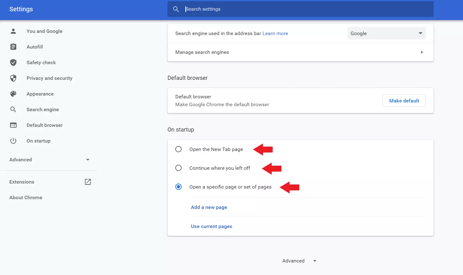 Image: Chrome vous propose trois options pour définir la page d’accueil de Chrome