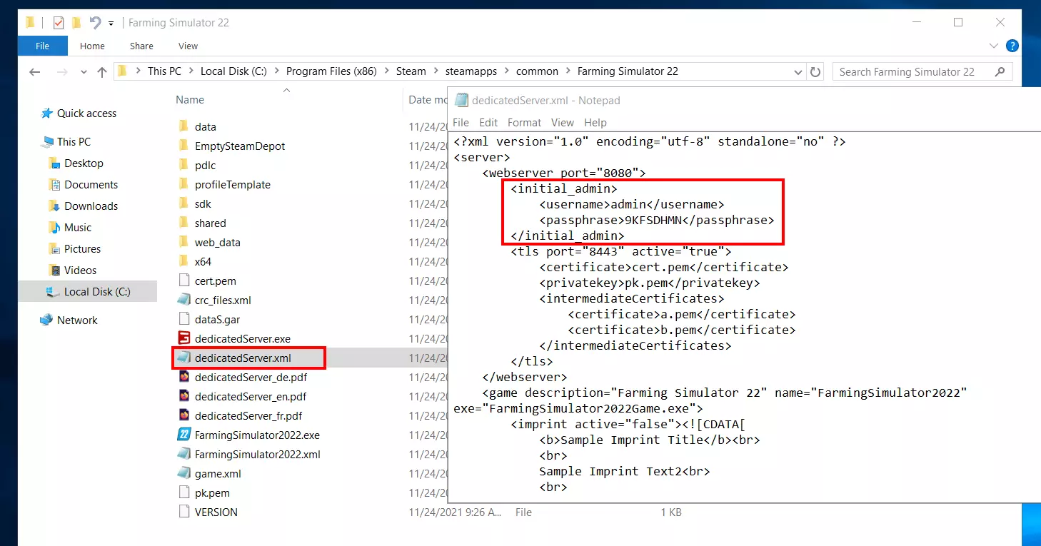 dedicatedServer.xml de Farming Simulator 22
