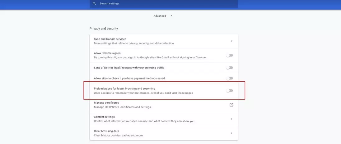 Image: Menu « Confidentialité et sécurité » dans Google Chrome
