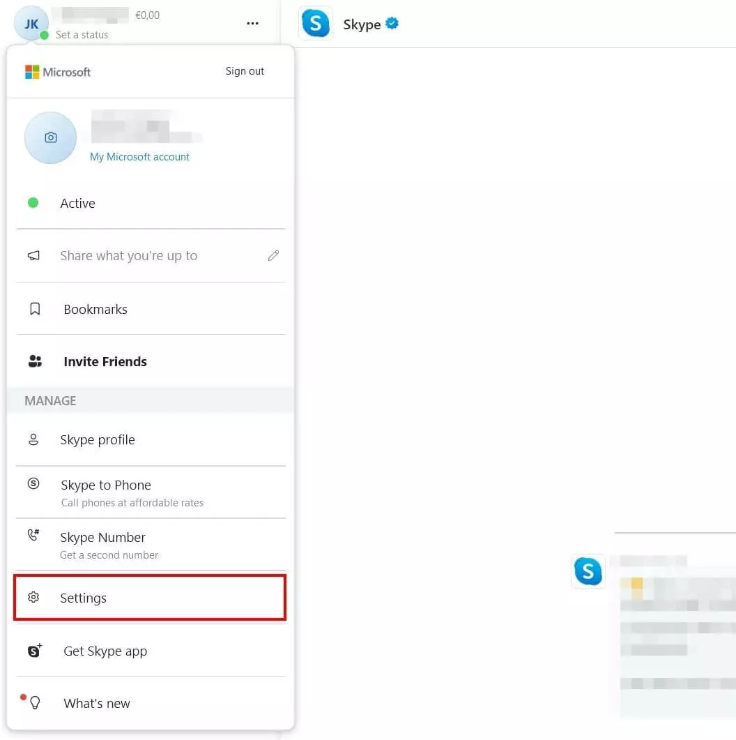 Image: Skype : menu « Paramètres »