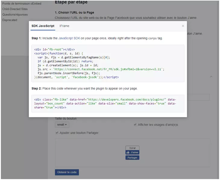 Image: JavaScript-SDK et code individuel du bouton créé
