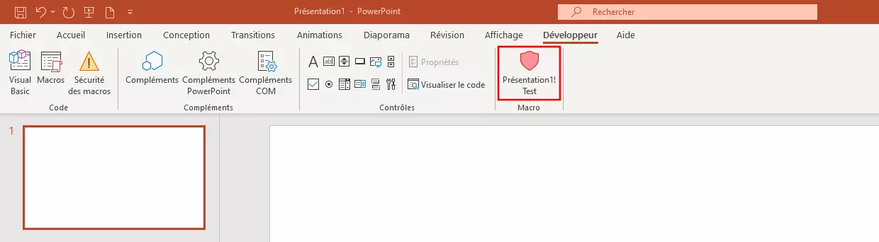 Image: Bouton Macros à titre d’exemple dans le ruban PowerPoint