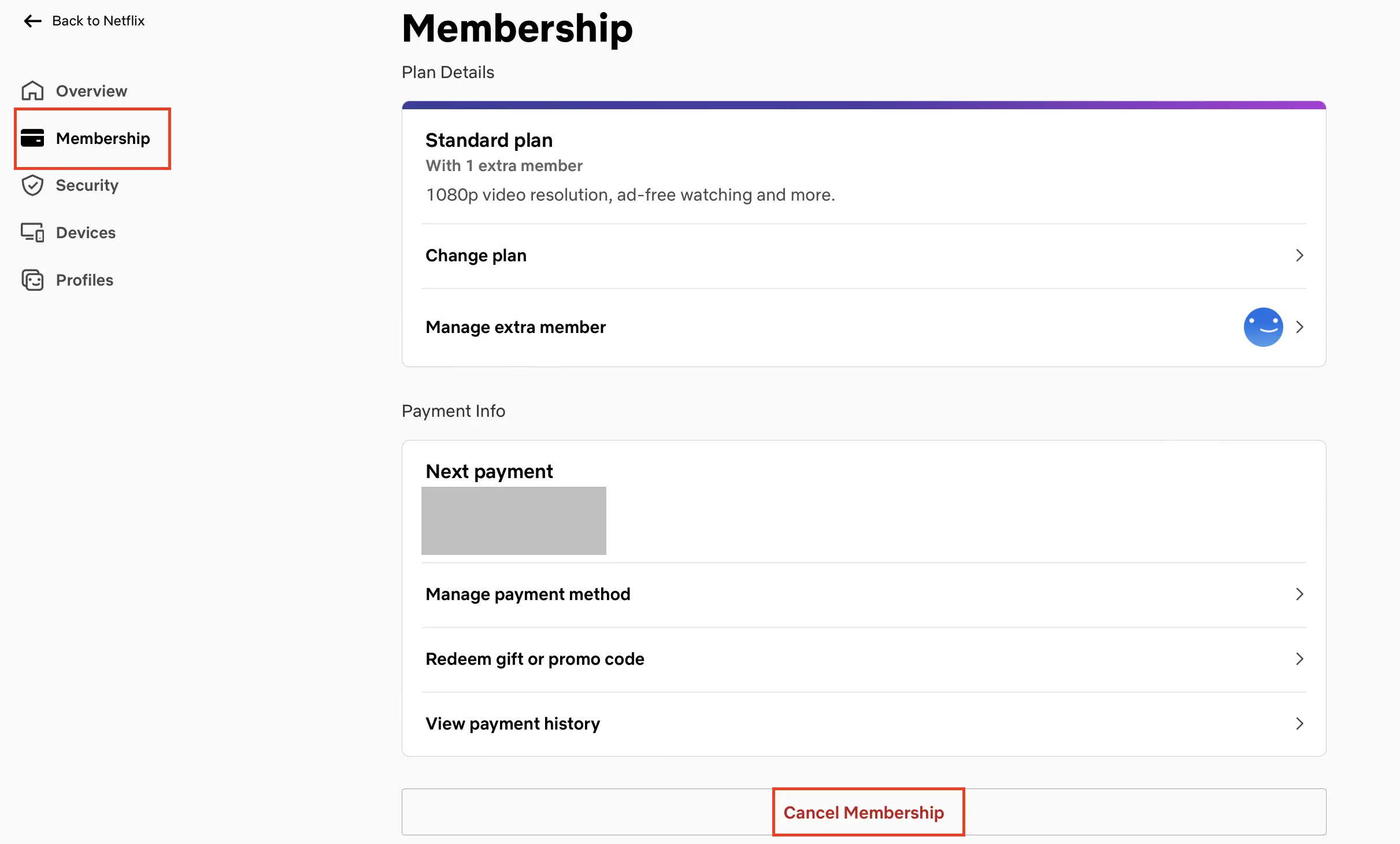 Image: Capture d’écran du compte Netflix avec l’option « Annuler l’abonnement »