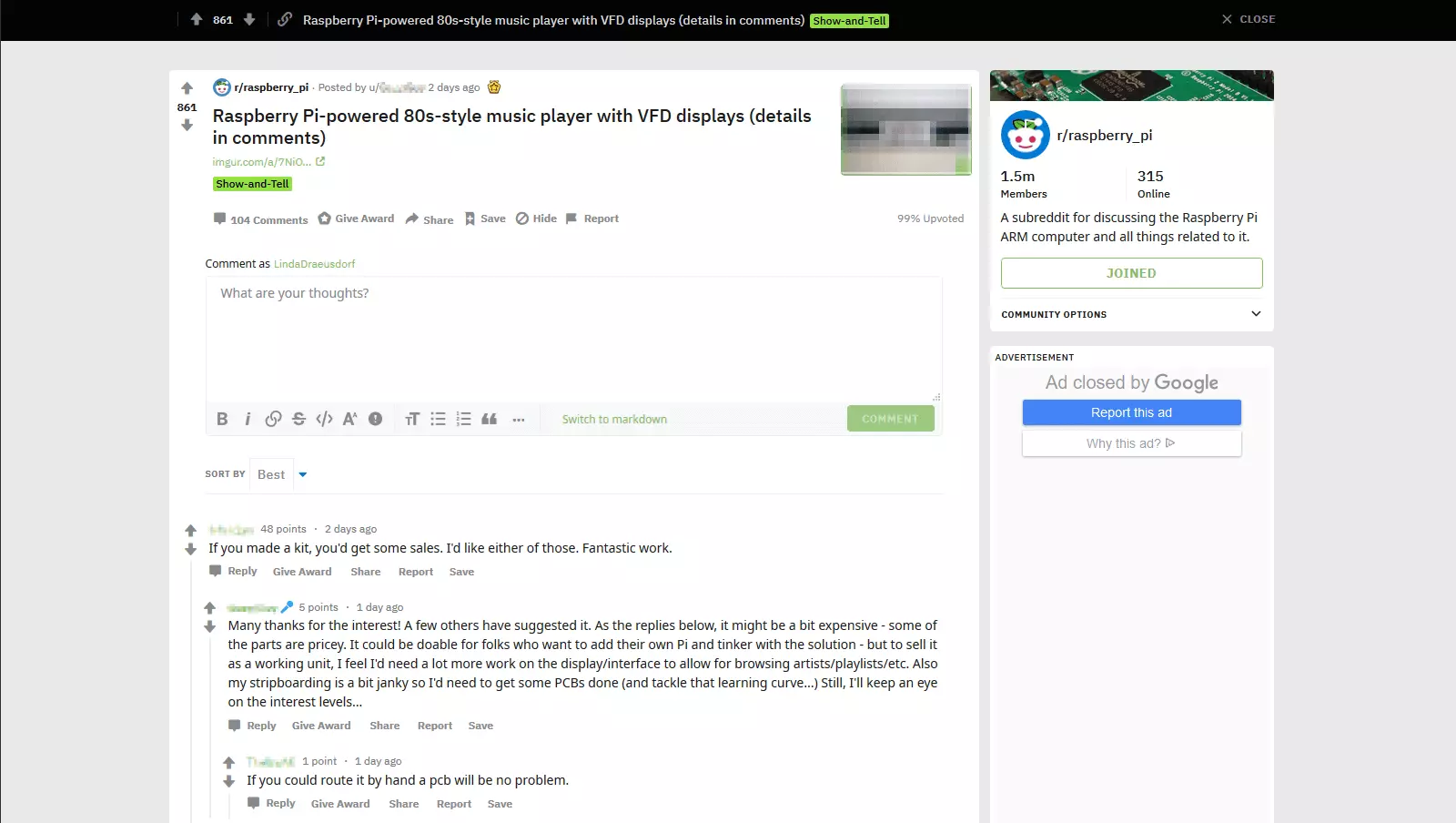 Image: Contribution dans Reddit sur Raspberry Pi
