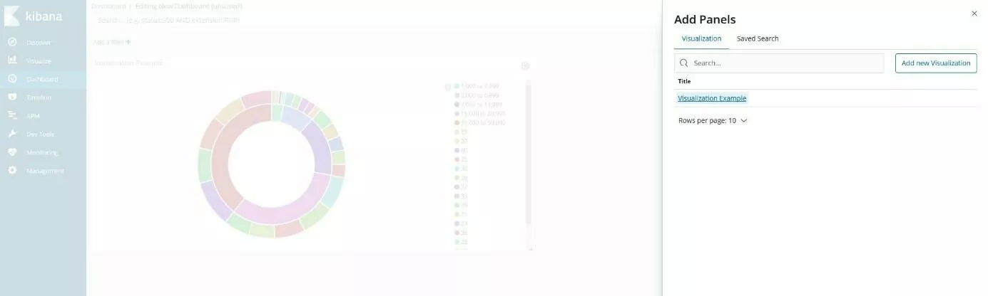 Image: Tableau de bord avec Kibana : menu pour intégrer de nouveaux panneaux