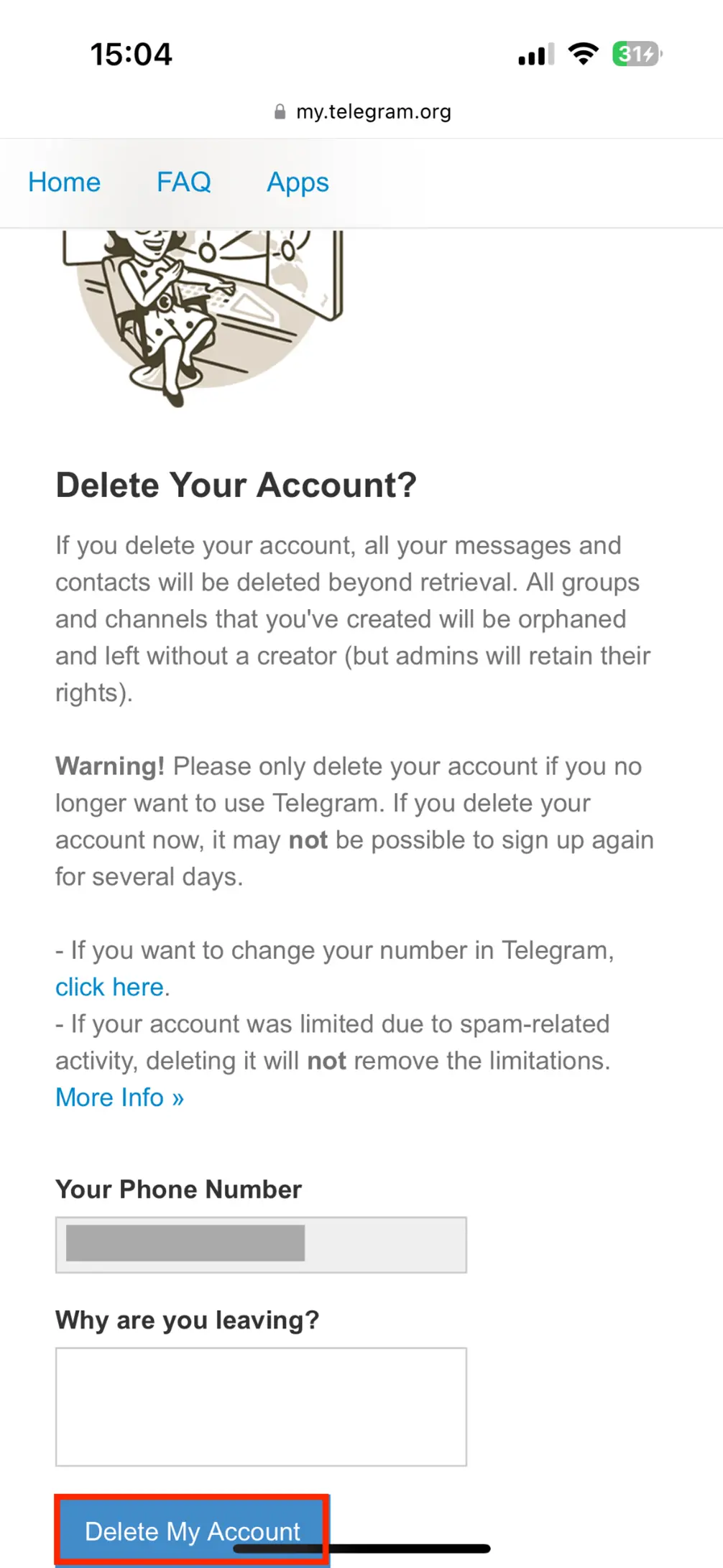 Image: Site Web Telegram : confirmer la suppression du compte