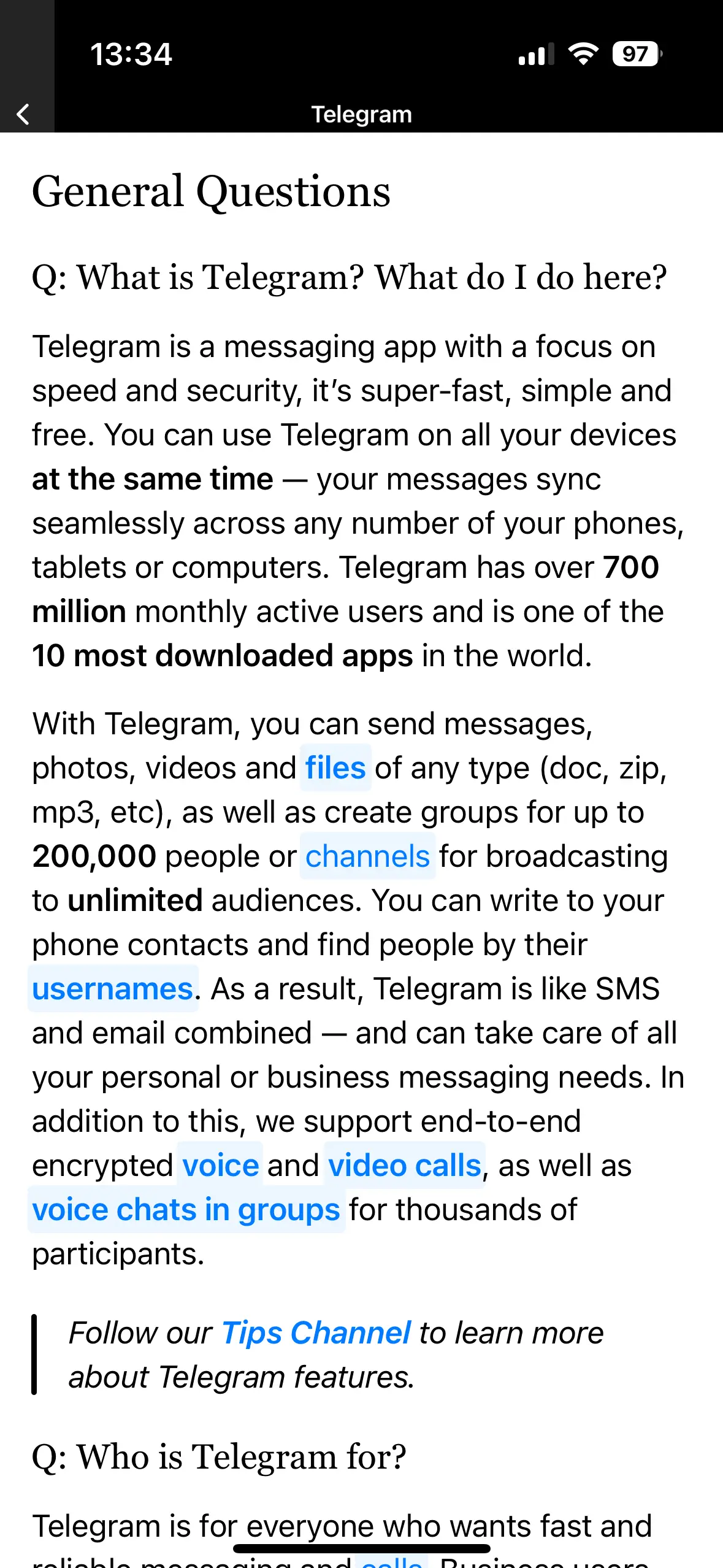 Image: FAQ de l’application Telegram