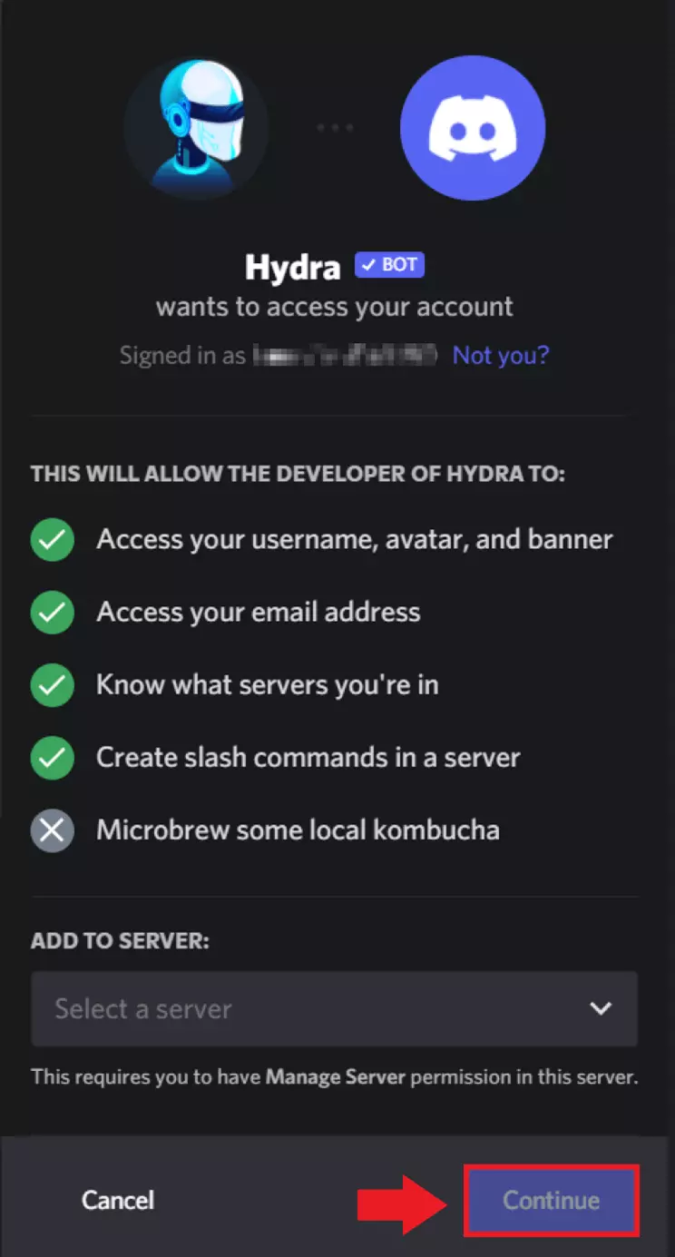 Image: Sélectionnez le serveur souhaité et accordez les autorisations nécessaires au bot de musique en cliquant sur « Suivant »