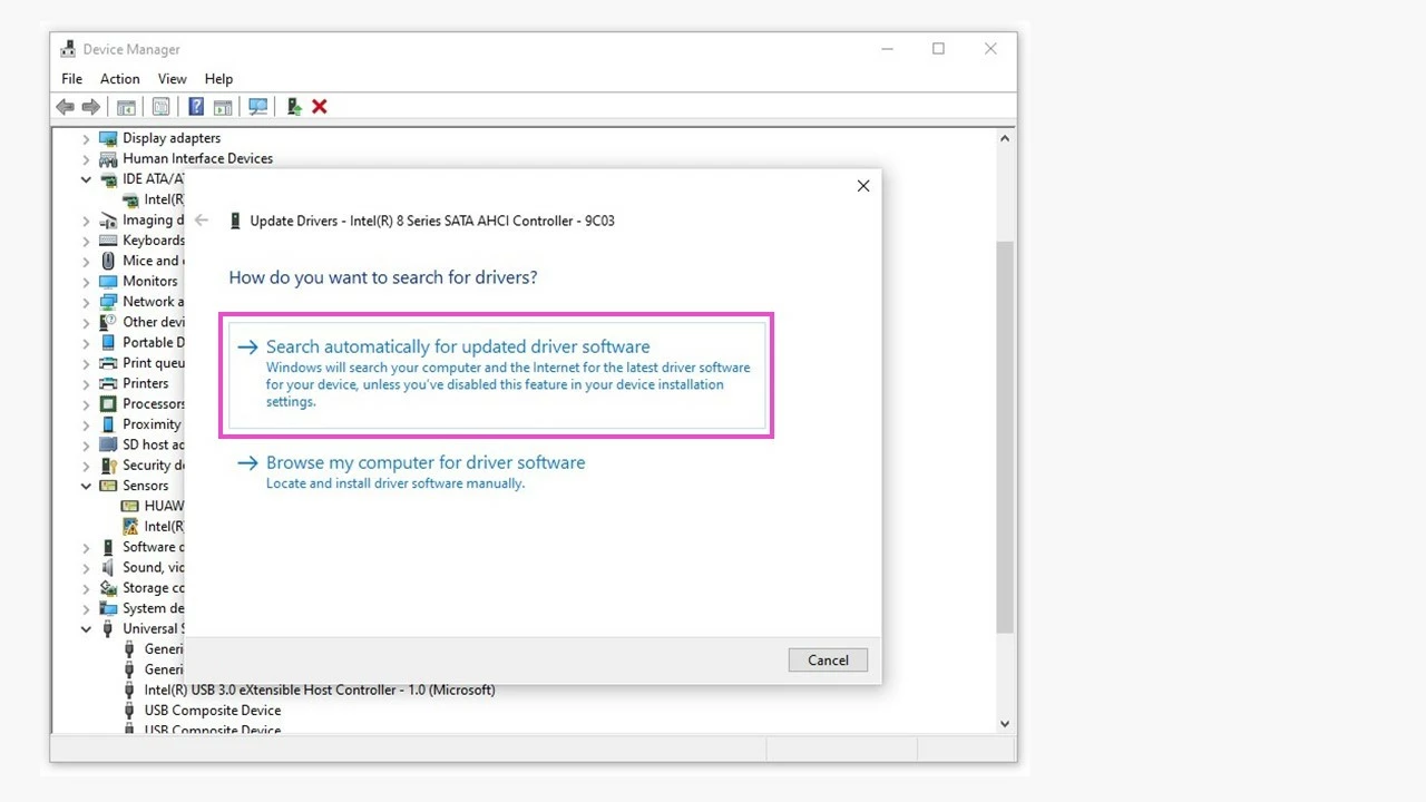 Image: Recherche automatique de pilote dans le Gestionnaire de périphériques Windows