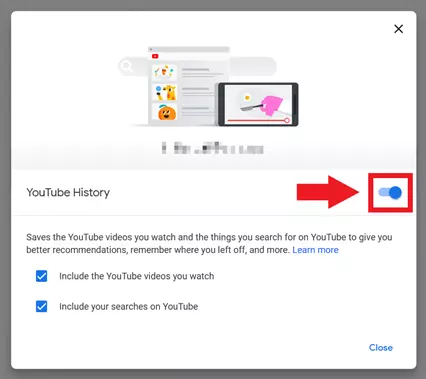 Image: Option pour (dés)activer l’historique de YouTube