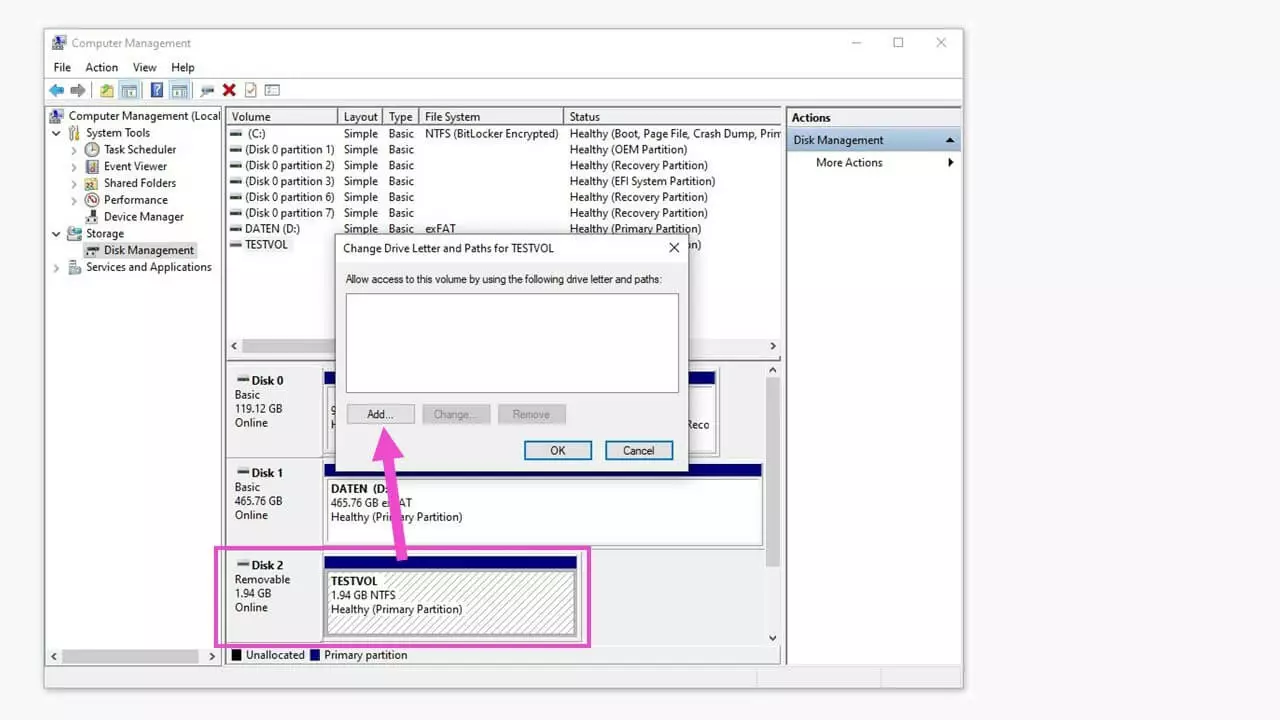 Image: Attribution d’une lettre de lecteur dans la Gestion des disques de Windows