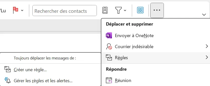 Image: Ruban Outlook : menu « Gérer les règles et les alertes »