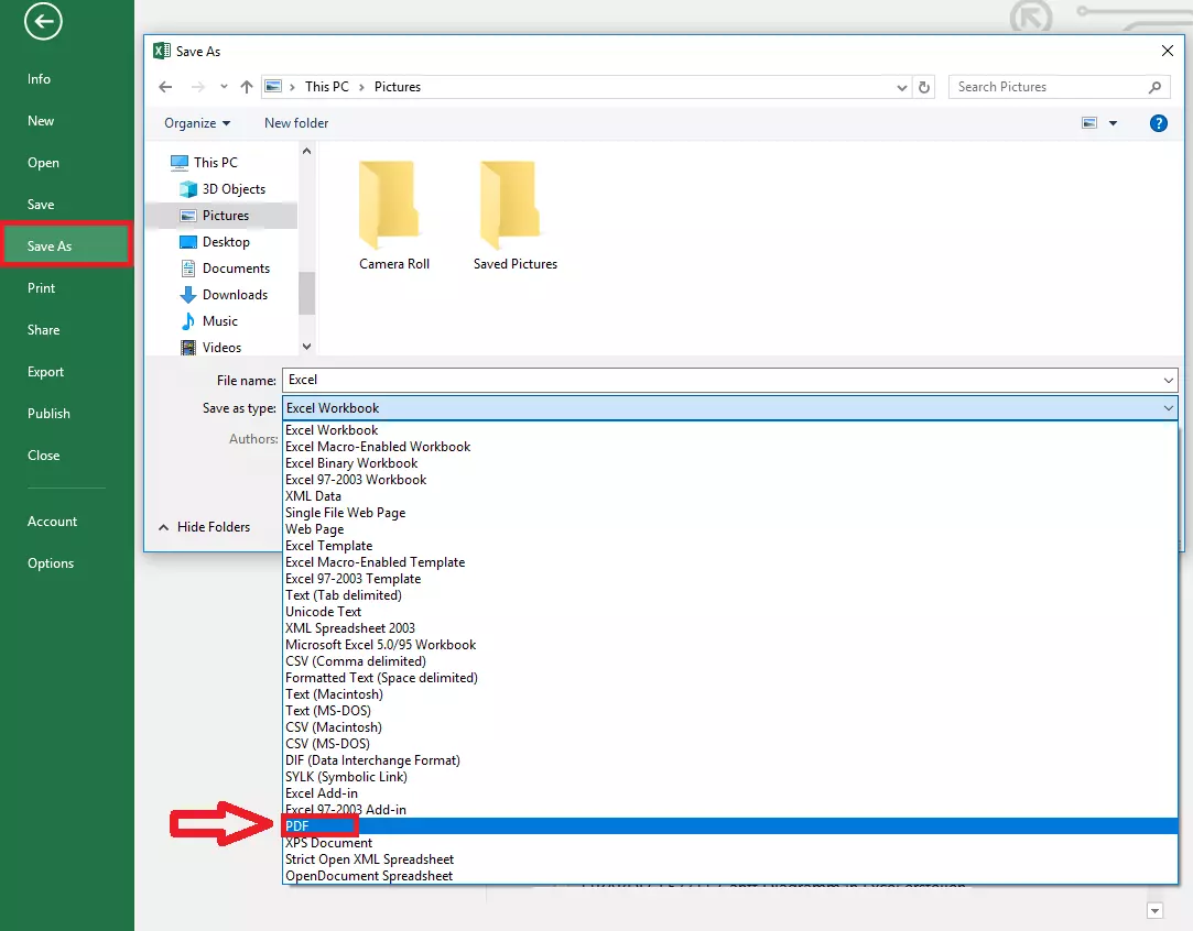 Image: Capture d’écran MS Excel « Enregistrer sous » et choix du type de fichier