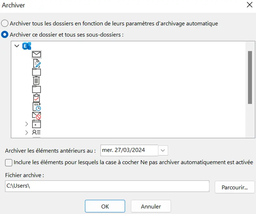 Microsoft Outlook : fenêtre de dialogue « Archiver » Image: Microsoft Outlook : fenêtre de dialogue « Archiver »