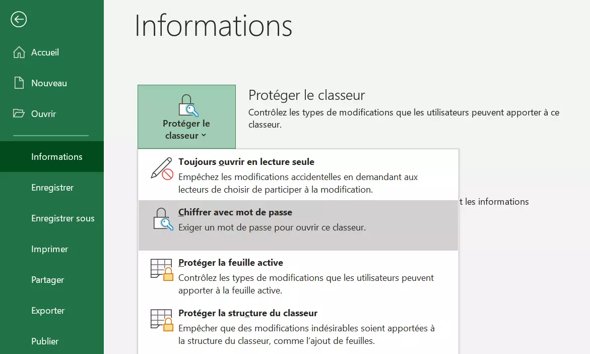Image: Illustration du menu « Fichier » > « Informations » > « Protéger le classeur »