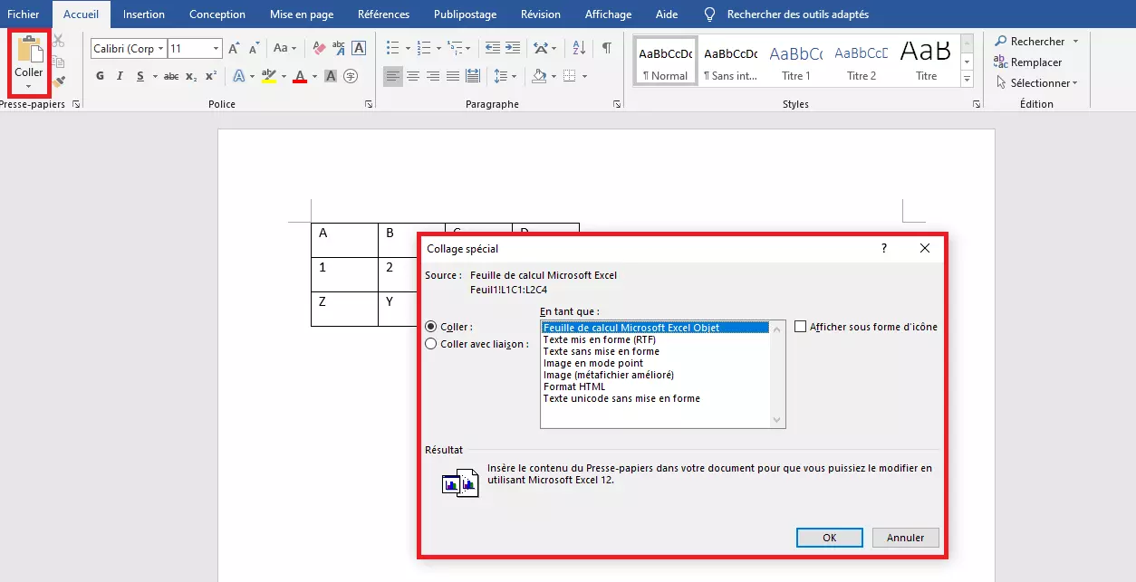 Image: Menu pour lier Excel et Word