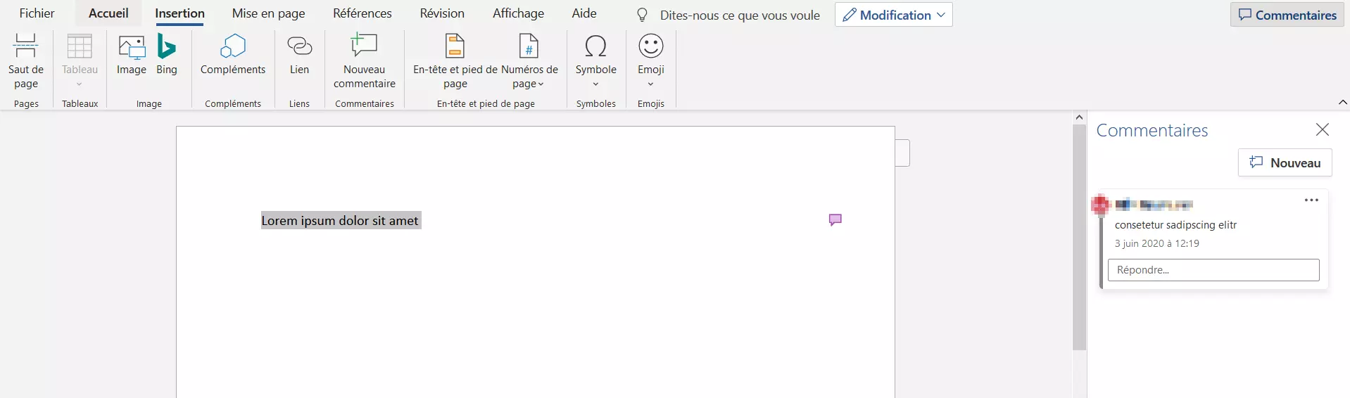 Image: Exemple de commentaire dans Word 2016