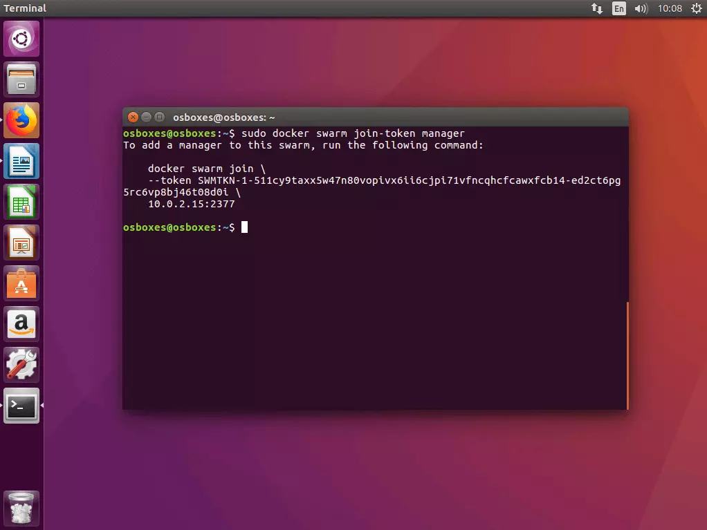 Image: la commande « docker swarm join-token manager » dans le terminal Ubuntu