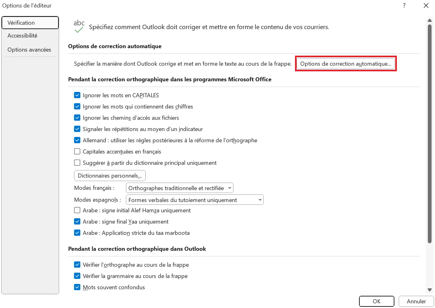 Image: Options de l’éditeur Outlook : rubrique « Vérification »