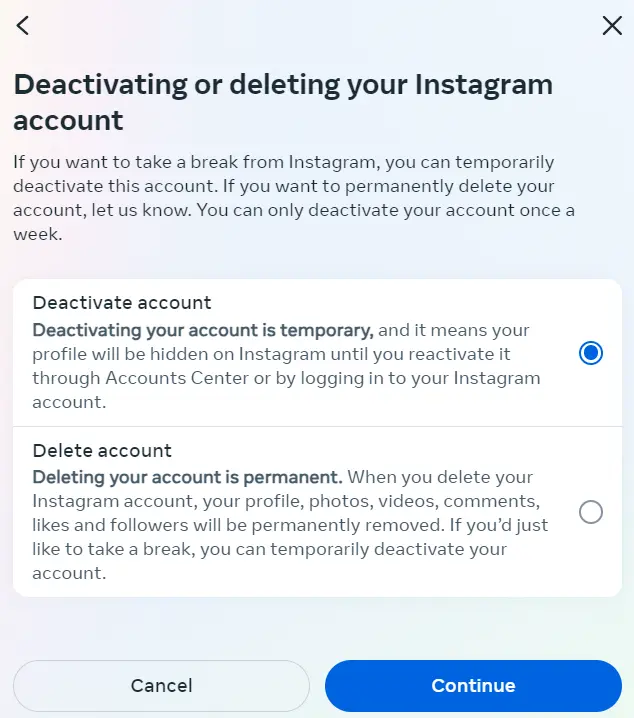 Image: Sélectionner « Désactiver le compte »