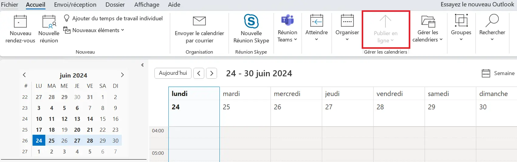 Image: Outlook : barre d’outils de la vue du calendrier dans l’onglet « Accueil »