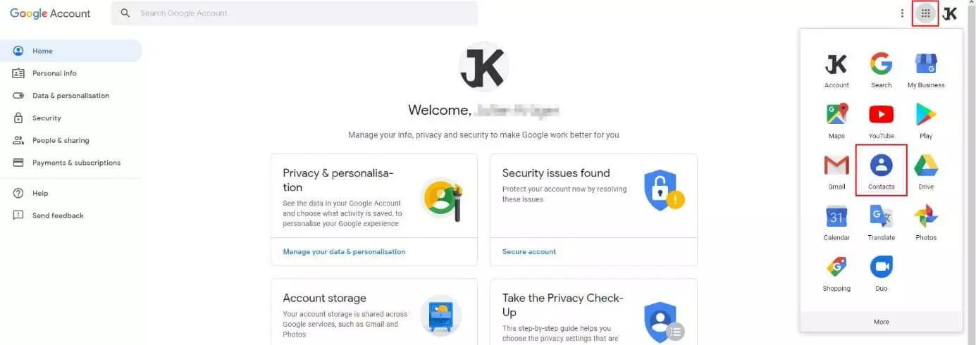 Image: Menu d’accueil de votre compte Google