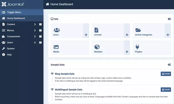 Image: Tableau de bord du back-end Joomla (4.1.2)