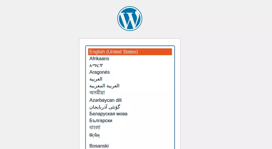 Image: Écran de démarrage de l’assistant d’installation de WordPress avec choix de la langue