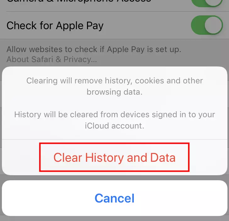 Image: Safari (iOS) : boîte de dialogue « Effacer historique, données de site »