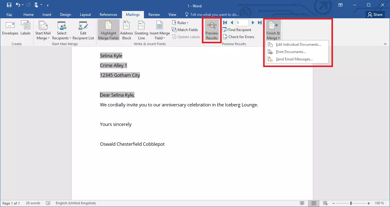 Image: Menu de sélection des fonctions de finalisation d’un publipostage dans Word
