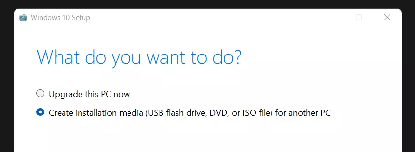 Image: MediaCreationTool de Microsoft : sélection du type d’installation