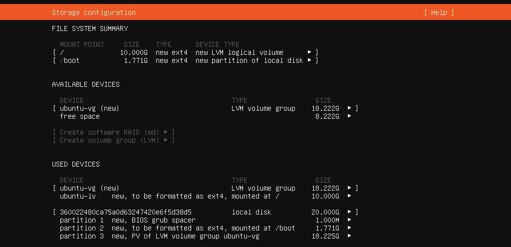 Image: Réglage de l’espace de stockage dans le cadre de la configuration du serveur Ubuntu