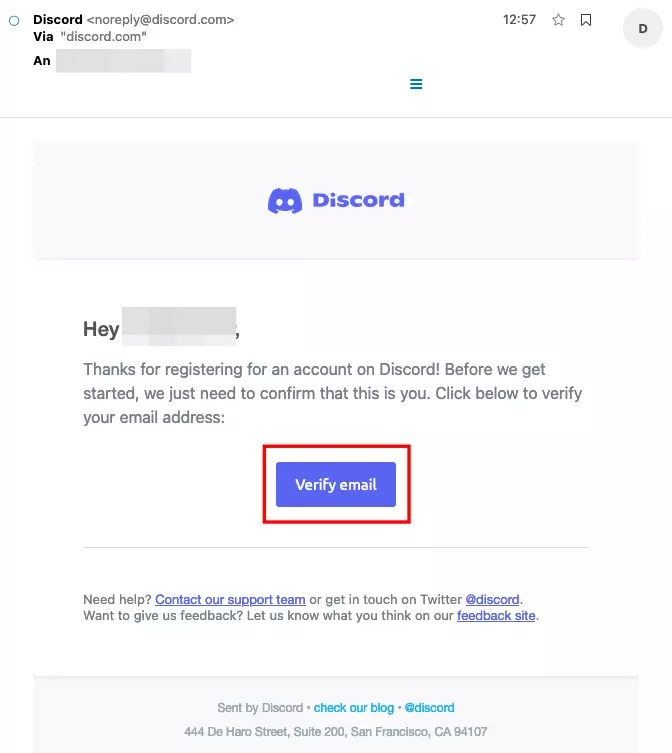 Email de vérification pour Discord