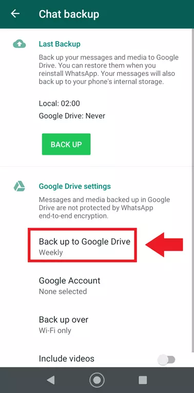 Image: Option WhatsApp « Sauvegarder dans Google Drive » (créer une sauvegarde)