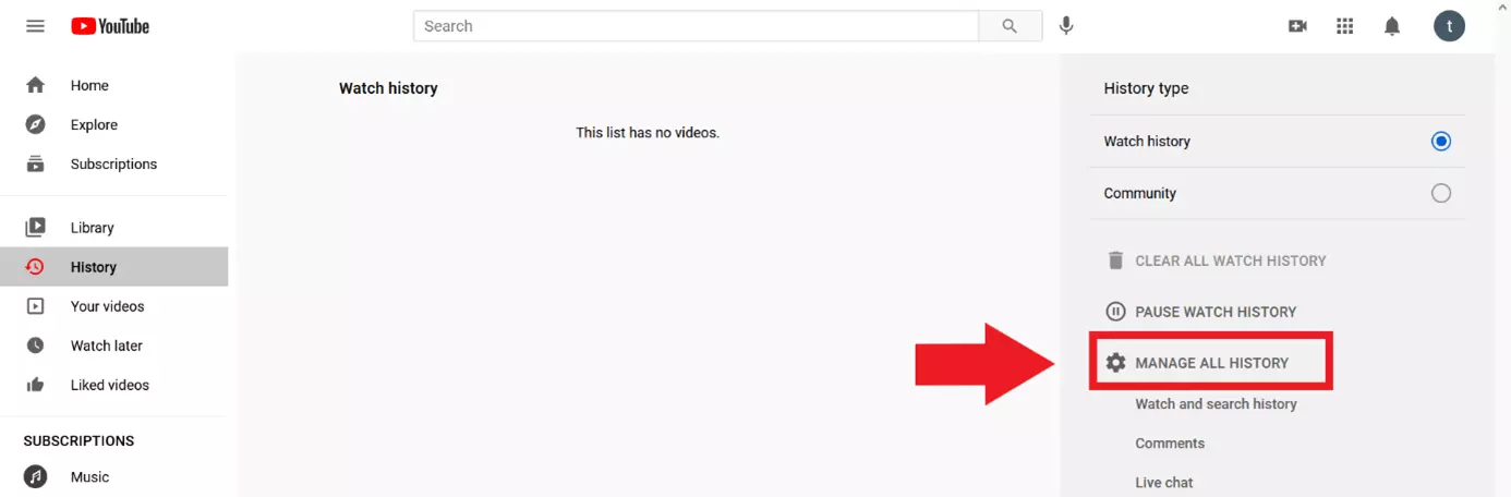 Image: Paramètres de YouTube : « Gérer tout l'historique »